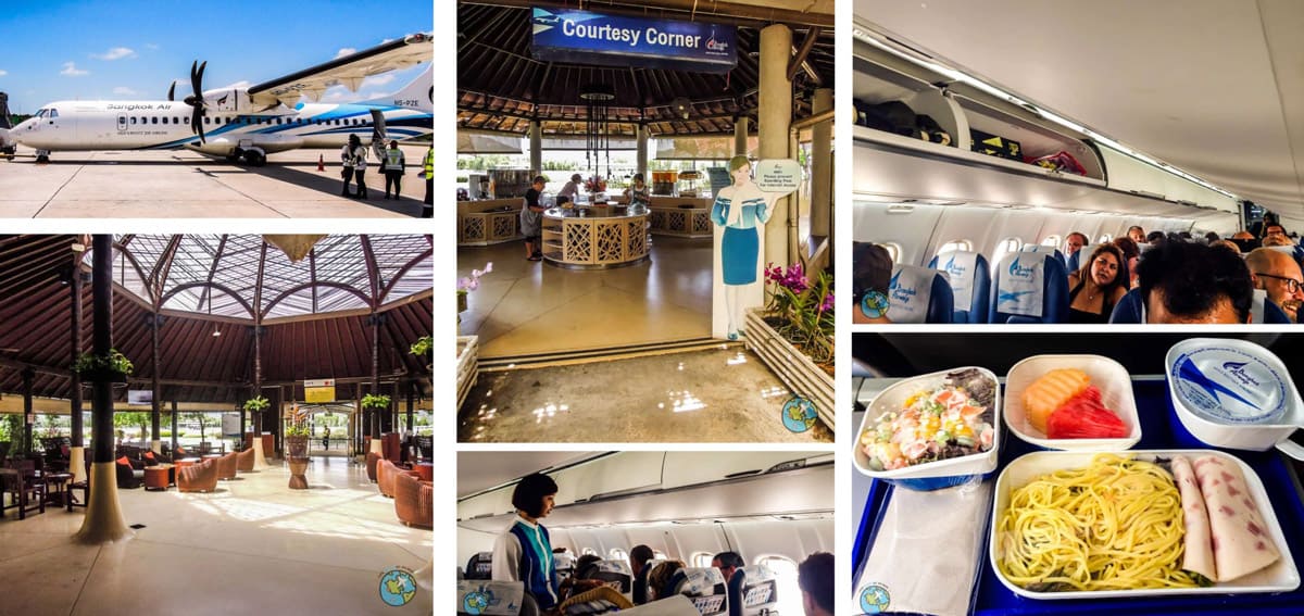 voos dentro da ásia Bangkok Airways - avião; cabine & refeição; área VIP aeroporto Koh Samui